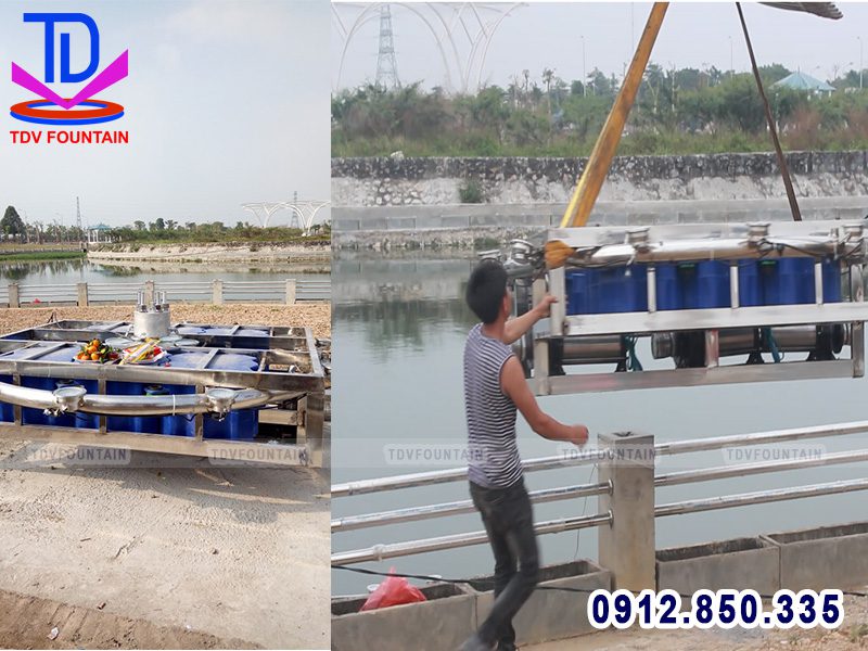 Lắp đặt giàn phun phao nổi xuống hồ