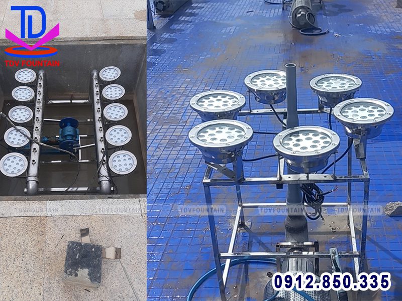 Lắp đặt đèn Led âm nước chân đế cho hệ thống nhạc nước