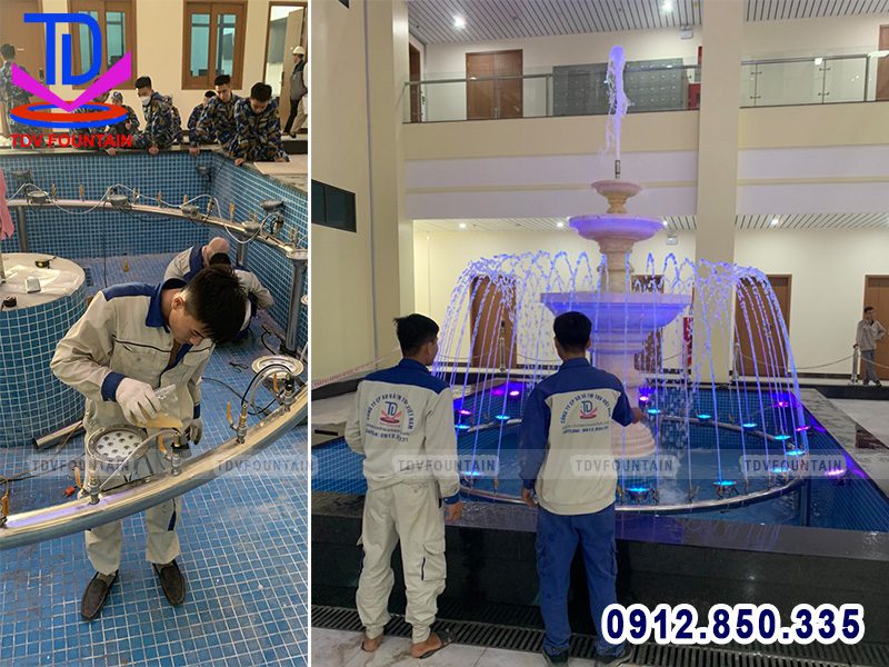 Lắp đặt đèn Led âm nước dạng đế cho đài phun nước