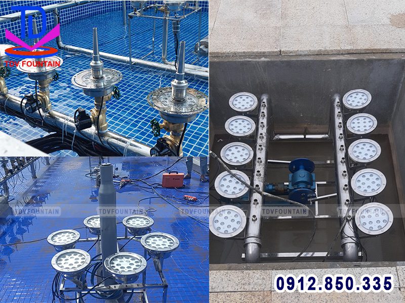 Lắp đặt hệ thống đèn âm nước, vòi phun nước