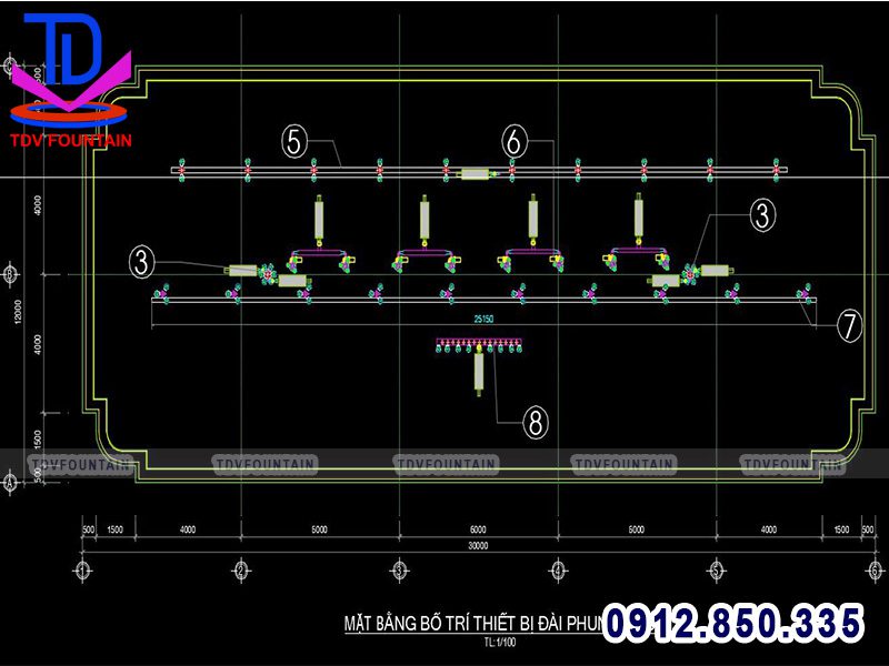 Mặt bằng bố trí thiết bị nhạc nước Autocad