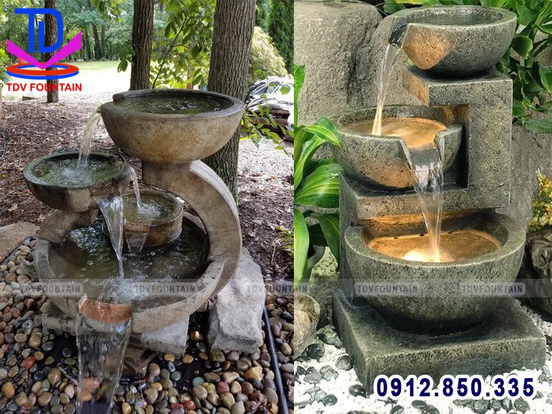 Chậu đá phun nước tiểu cảnh lắp sân vườn