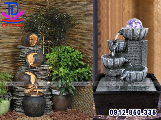 Đài phun nước mini trong nhà bằng chum sành, chậu đá