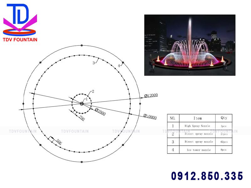 Bản vẽ bố trí thiết bị đài phun nước hình tròn