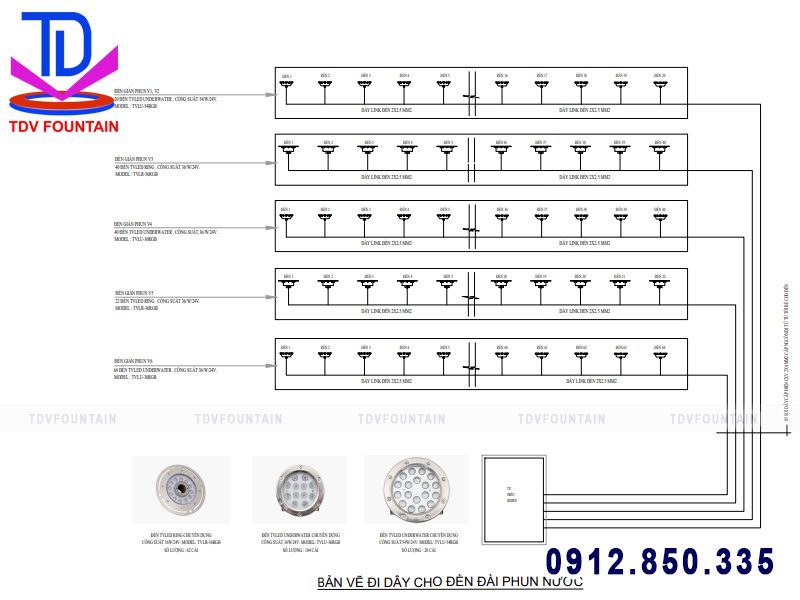 Bản vẽ đi dây cho đèn Led đài phun nước
