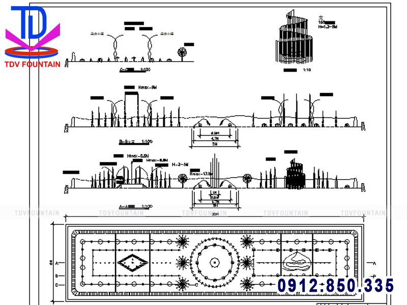 Thiết kế mặt bằng bố trí thiết bị đài phun nước bể dài