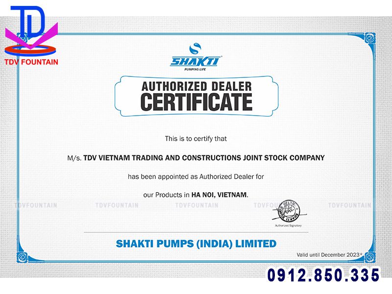 Chứng nhận đại lý phân phối máy bơm Shakti