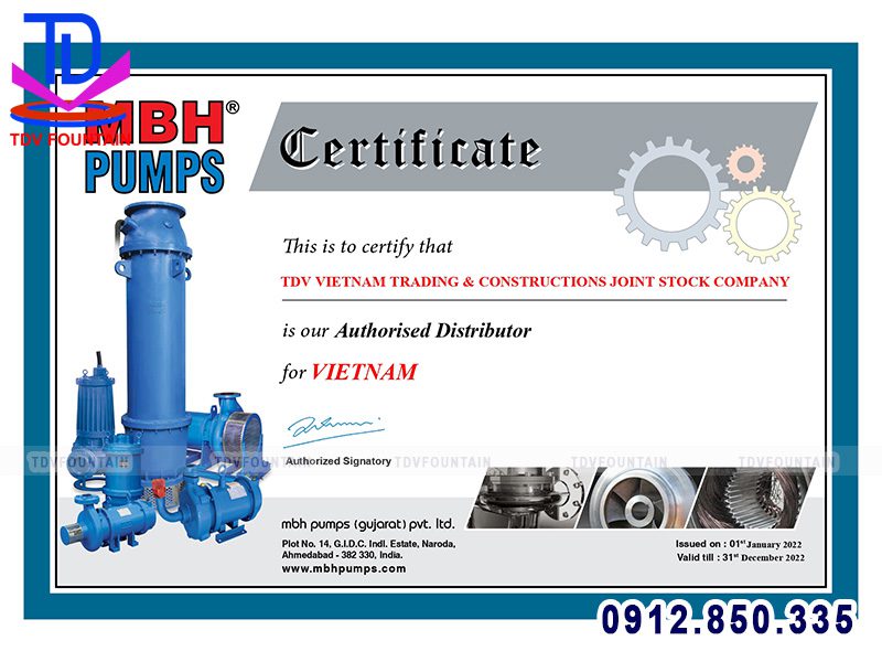 Chứng nhận phân phối máy bơm chìm MBH